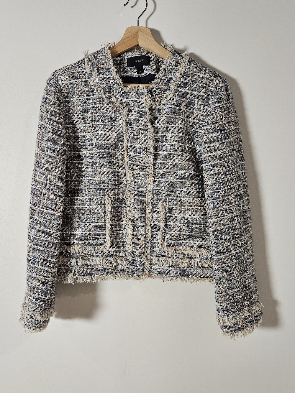 J. Crew Zip Front Navy and Cream Metallic Tweed Fringe Jacket Sz 12